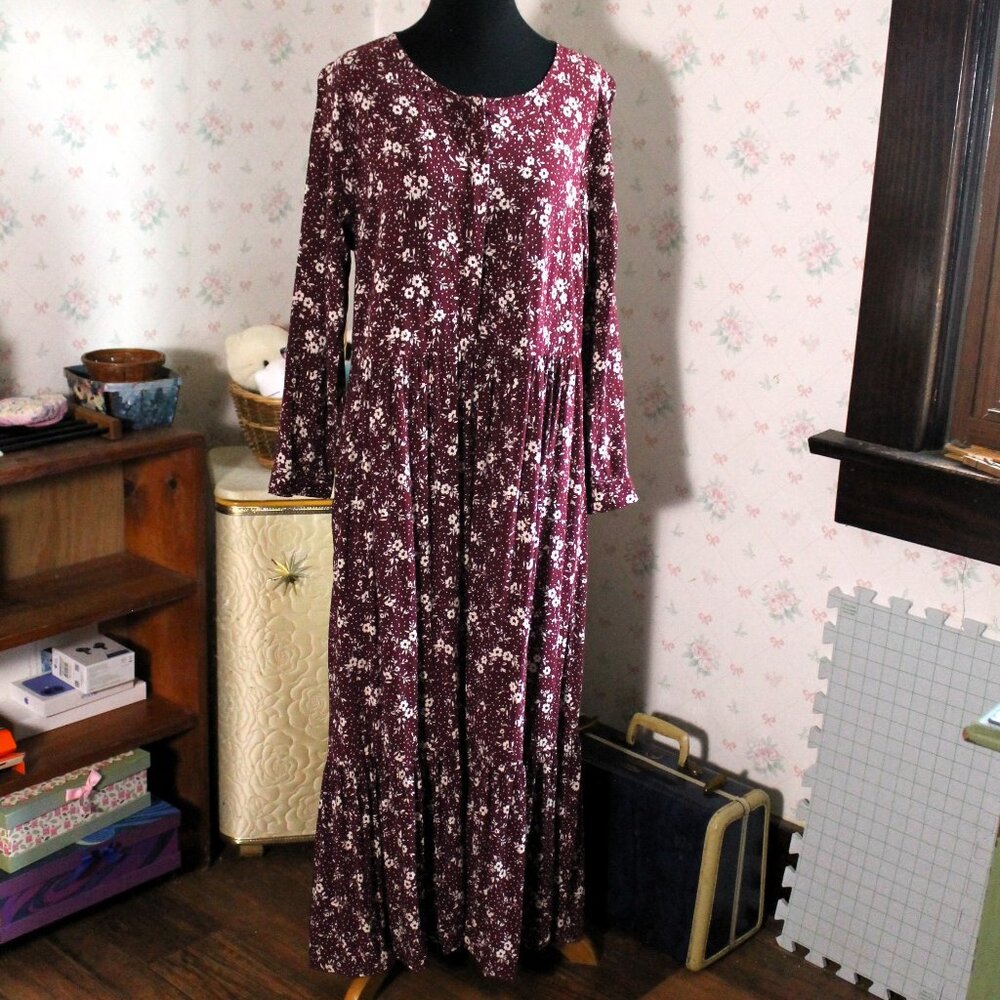 Old Navy Burgundy Floral Tiered Prairie Maxi Dress, Large